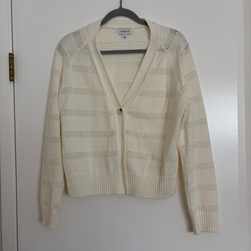 Evereve mesh stripe button-up v-neck cardigan in cream